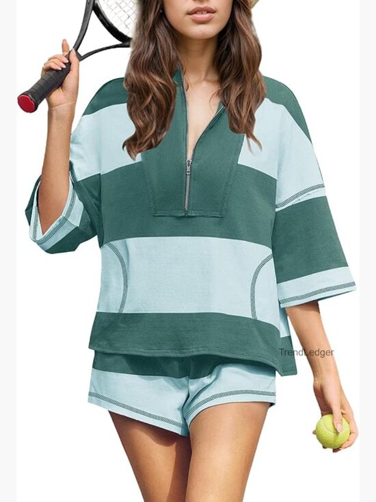 Tops - Oversized Striped Lounge Set with Elastic Shorts and Half Zip Tee